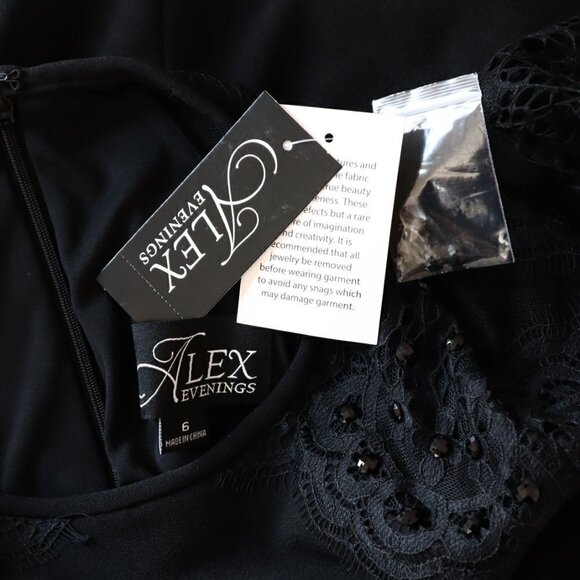 Alex Evenings Black Lace Illusion Bell Sleeves Jeweled Shift Dress New NWT 6 - Picture 9 of 9